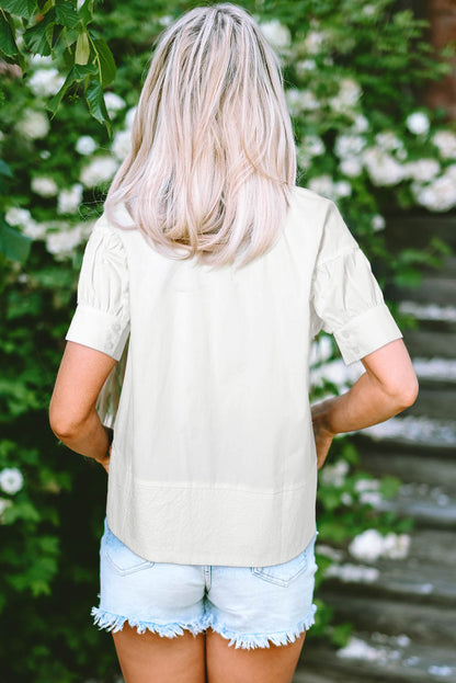 White Solid Color Ruched Bubble Sleeve V Neck Blouse