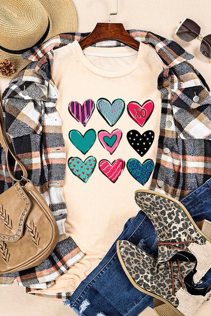 Khaki Valentines Multi Pattern Heart Shape Graphic T Shirt