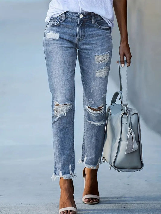High Waist Cropped Skinny Jeans with Raw Hem, Slim Fitting Skinny Pants for Women's Denim & Clothing