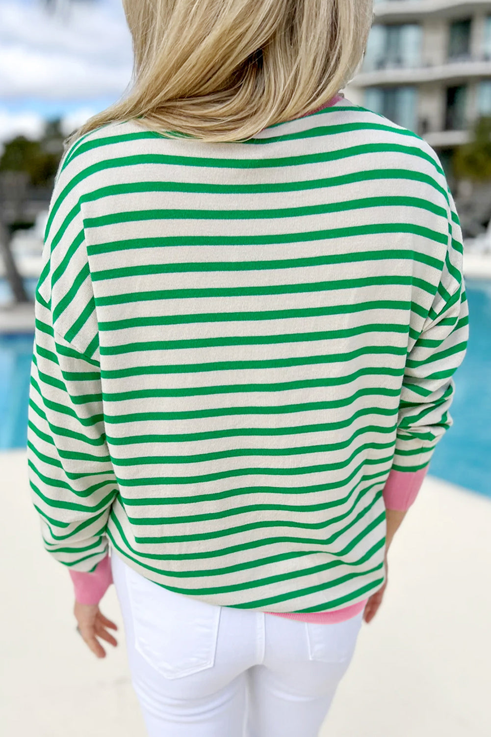 Bright Green Striped Contrast Edge Long Sleeve Top