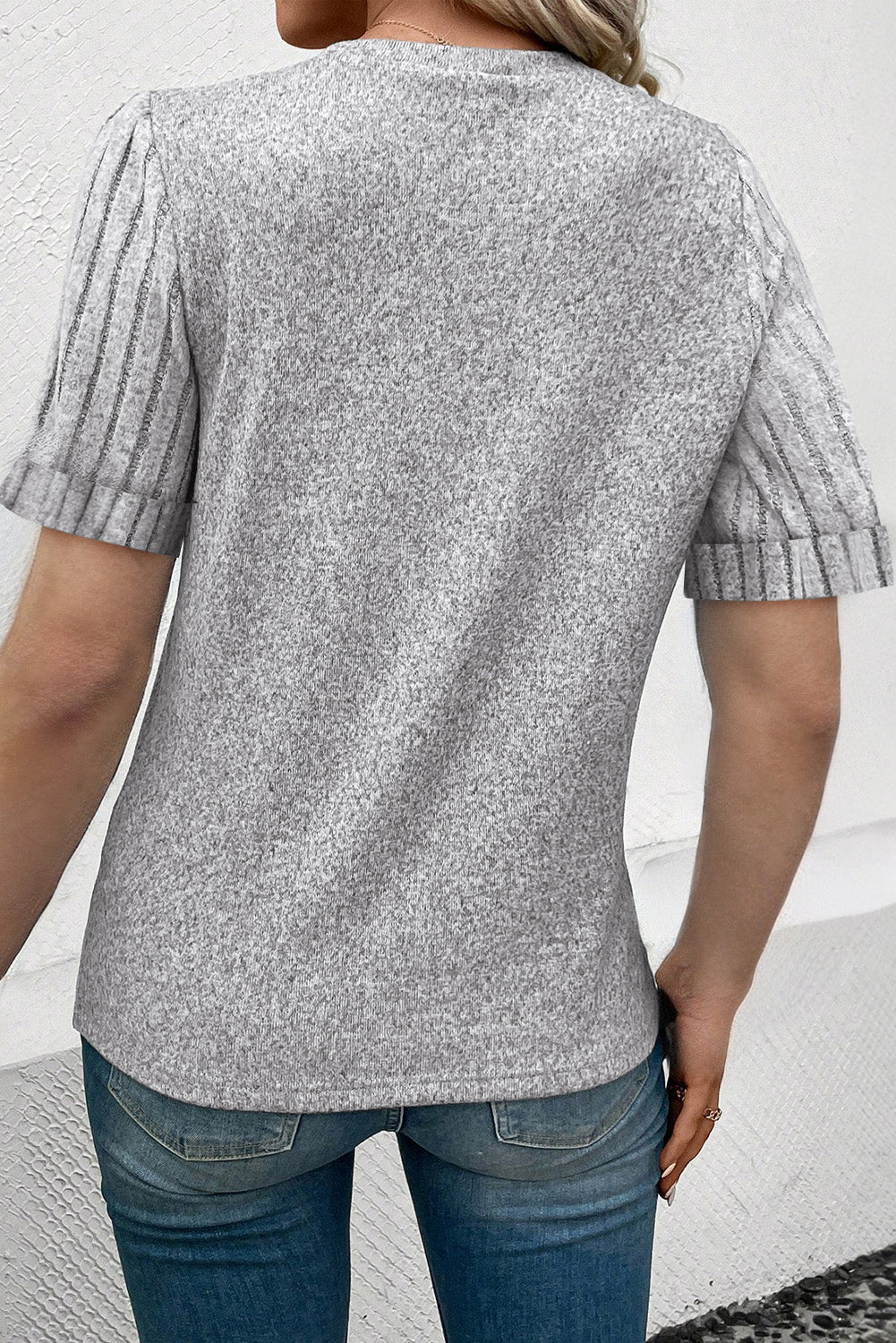 Gray Bow Knot Print Ribbed Knit Sleeve Round Neck Tee