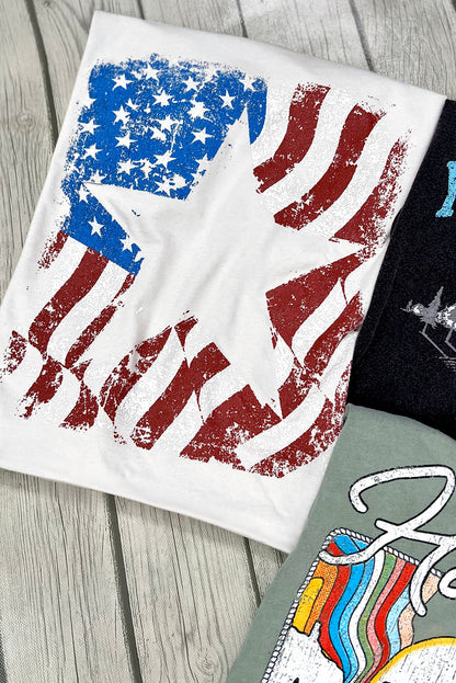 White American Flag Star Graphic Crew Neck T Shirt