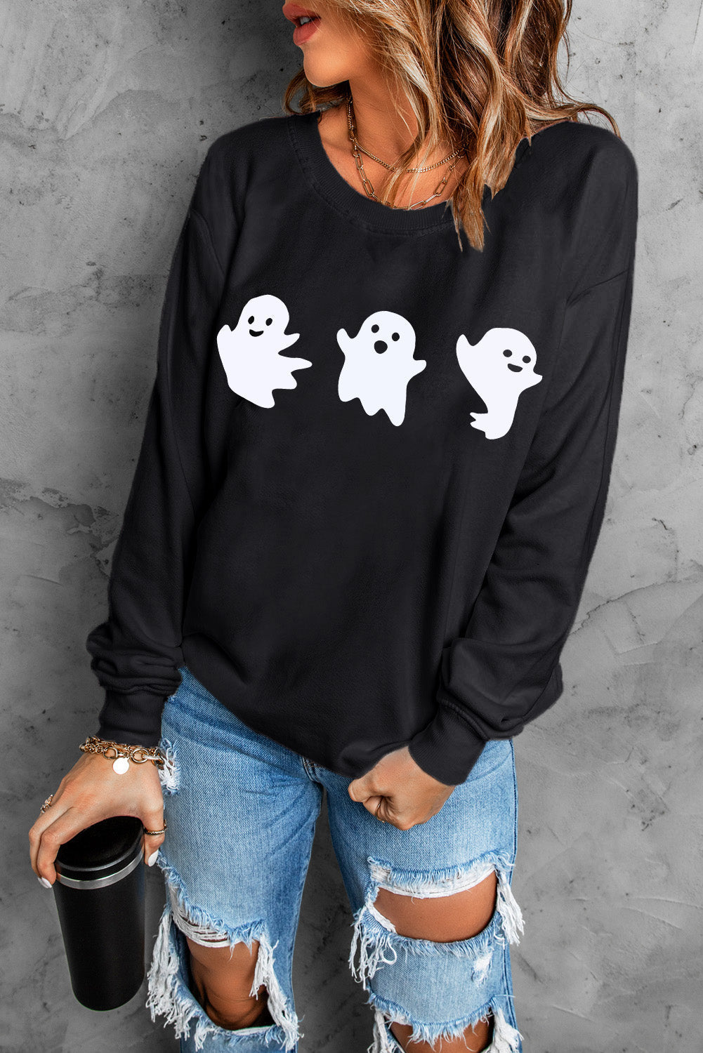 Black Halloween Ghosts Print Round Neck Sweatshirt