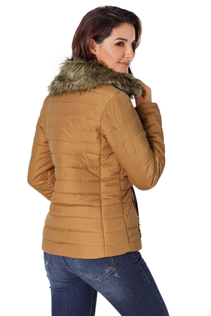 Camel Faux Fur Collar Trim Black Quilted Jacket