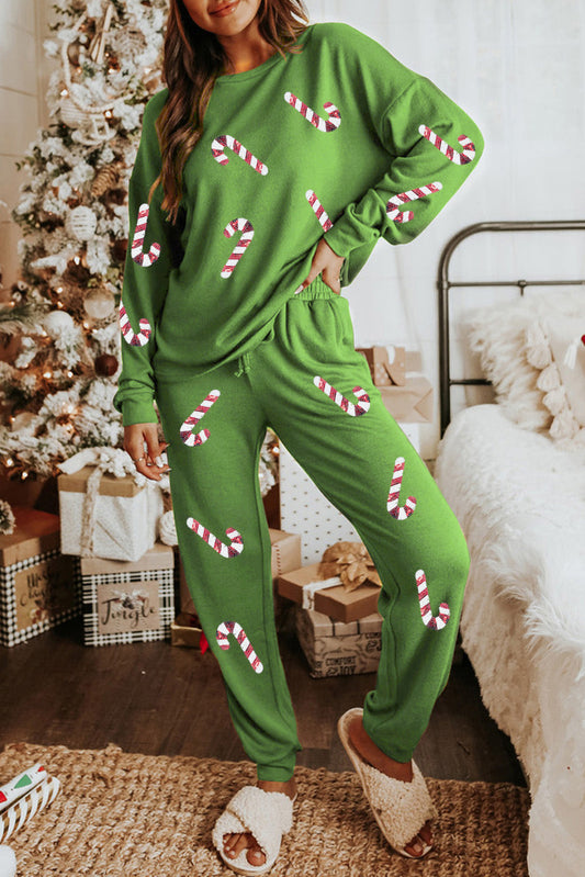 Festive Green Sequin Candy Cane Lounge Set