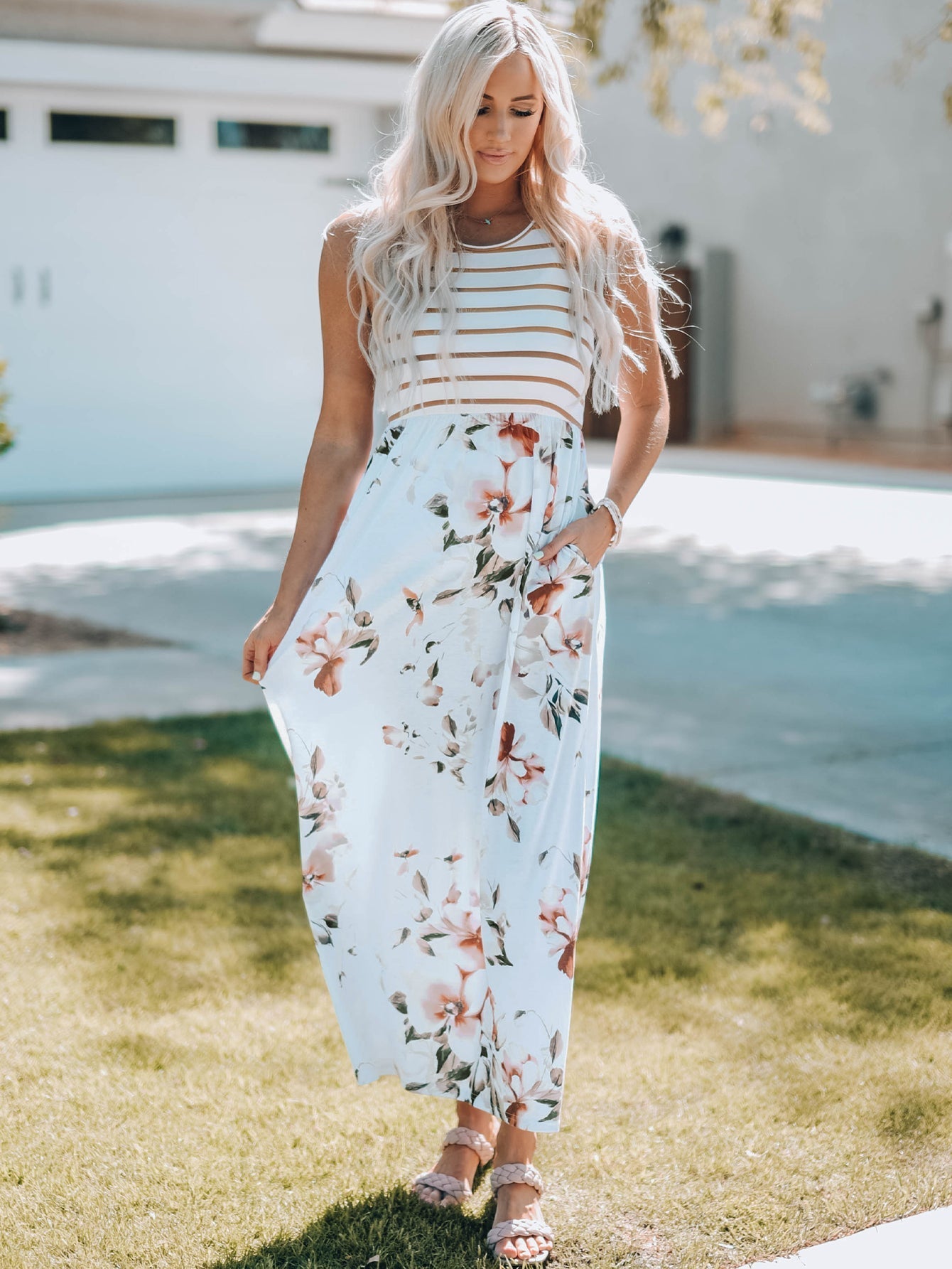 One-Shoulder Pocket Print Maxi Dress