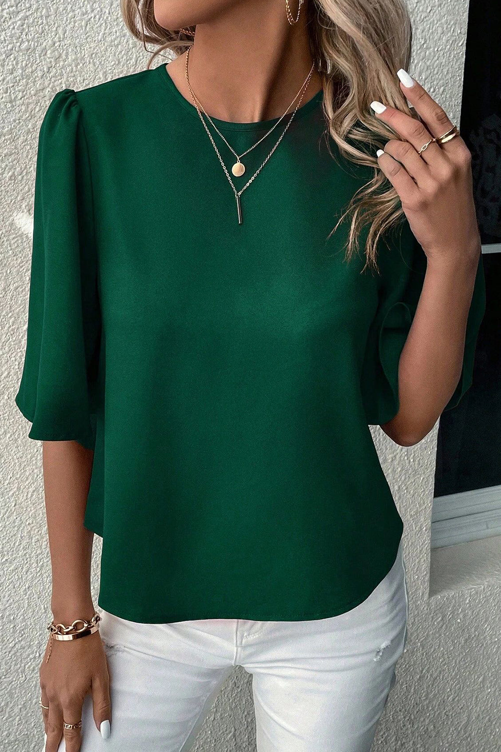 Blackish Green Solid Color Satin Keyhole Back Wide Sleeve Blouse