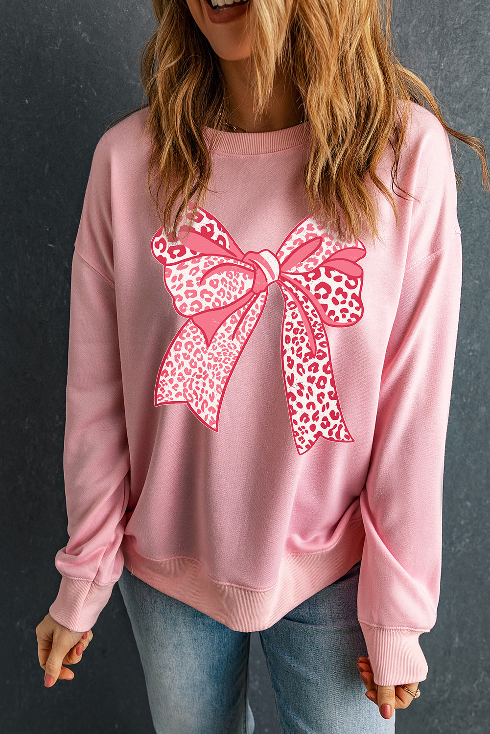 Pink Leopard Bowknot Printed Crewneck Pullover Sweatshirt