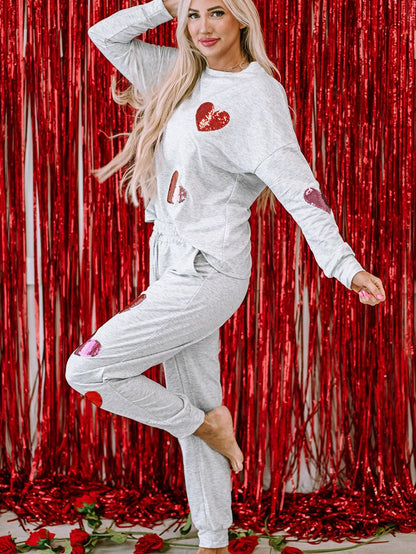 Gray Sequin Heart Pattern Lounge Set for Women