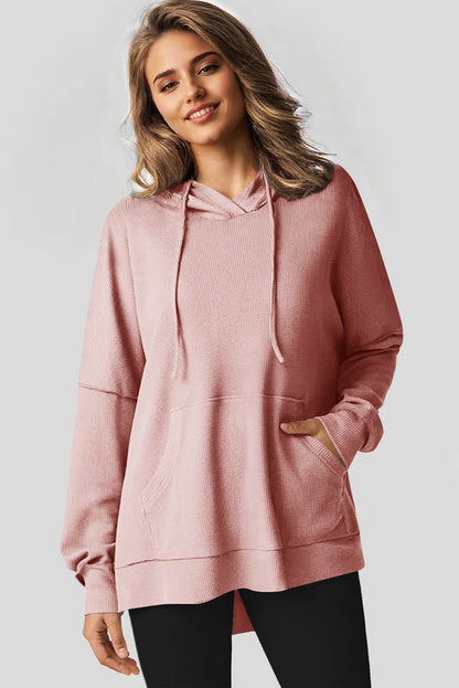 Light Pink Waffle Knit Fleece Lined High Low Oversized Hoodie