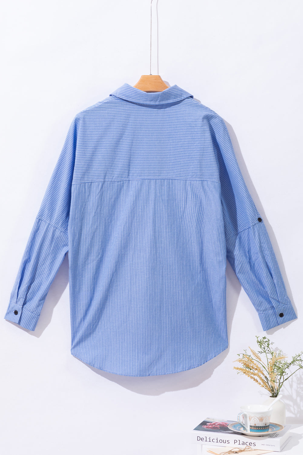 Sky Blue Stripe Roll-tab Sleeve Pocketed Long Shirt