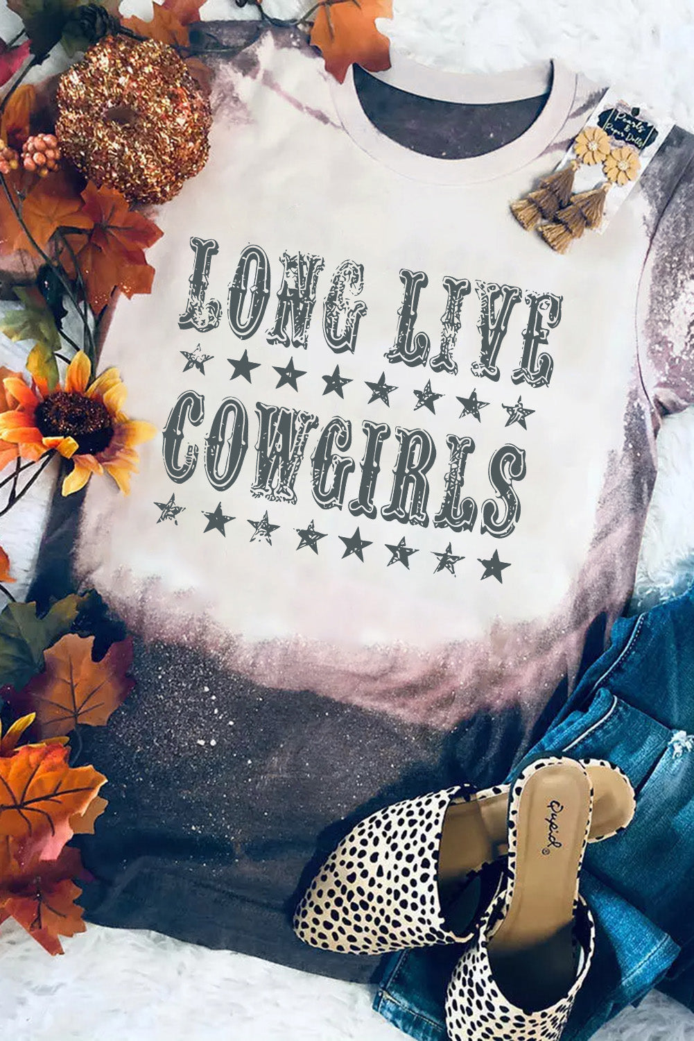 Black Tie Dye LONG LIVE COWGIRLS Graphic Crewneck T Shirt