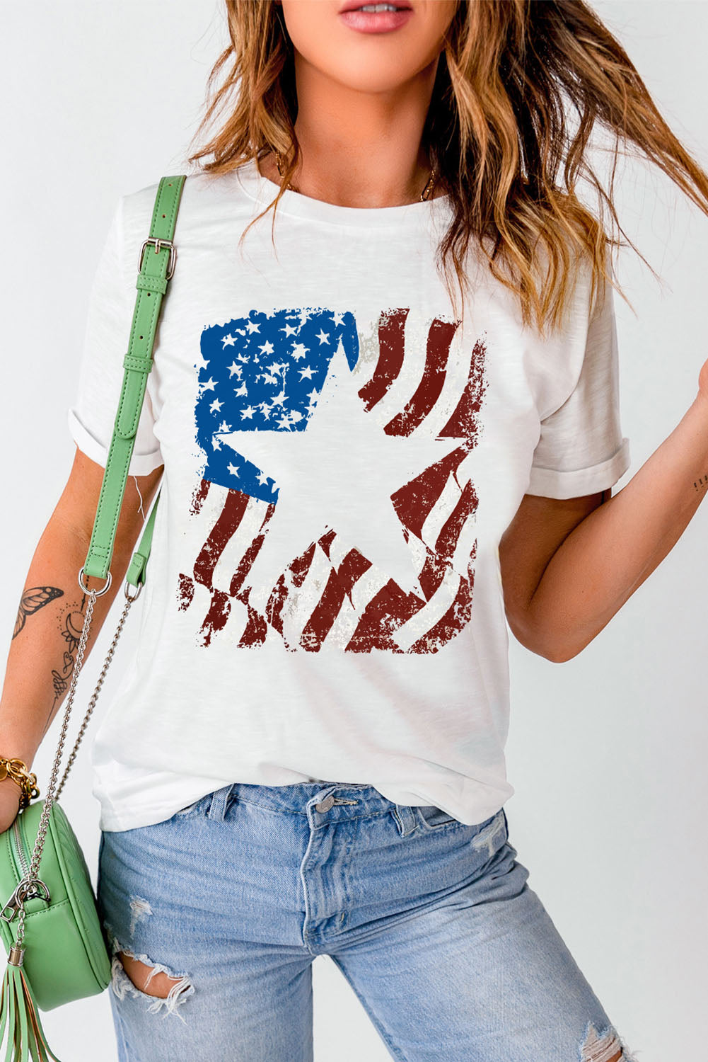 White American Flag Star Graphic Crew Neck T Shirt