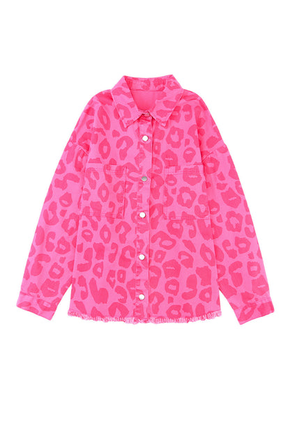 Pink Leopard Print Button Cuffs Raw Hem Jacket