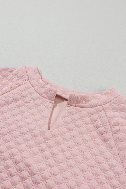 Light Pink Split Neck Quilted Long Sleeve Top