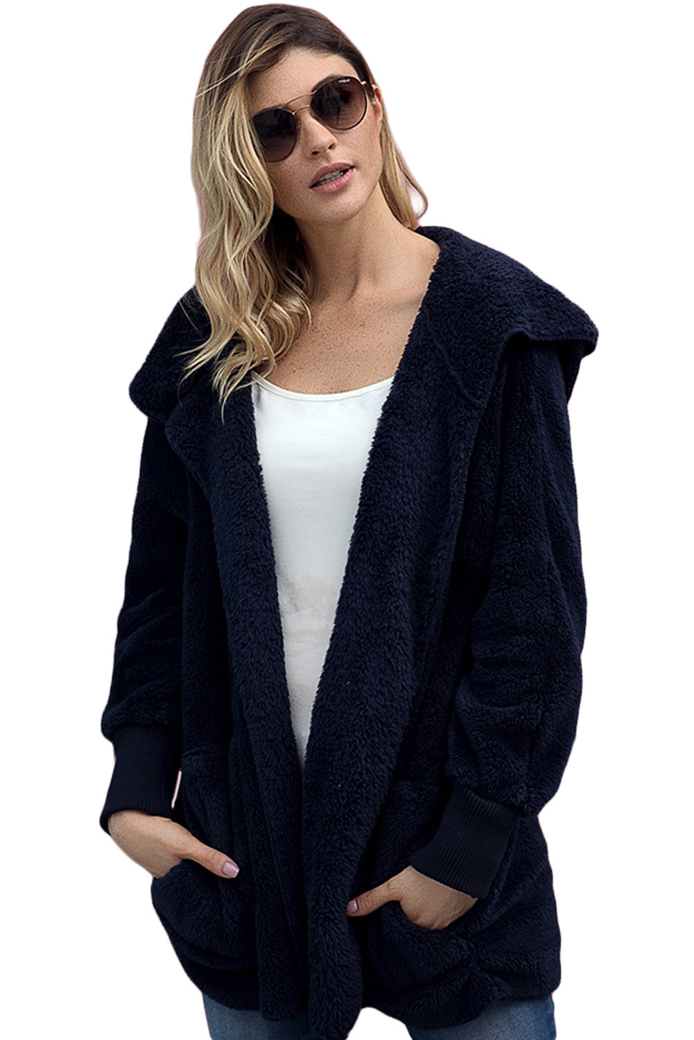 Blue Soft Fleece Hooded Open Front Coat