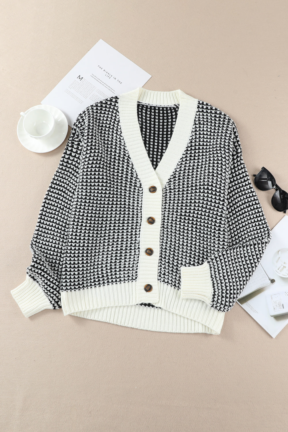 Woven Right Waffle-Knit Drop Shoulder Button-Down Cardigan