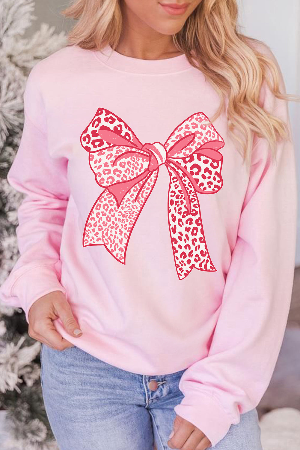 Pink Leopard Bowknot Printed Crewneck Pullover Sweatshirt