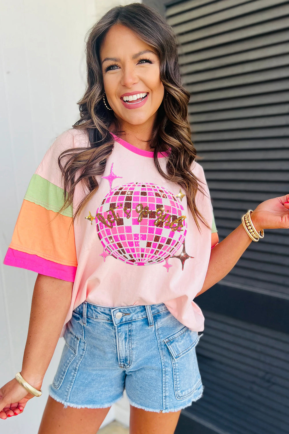 Pink Sequin Disco Ball Color Block Sleeve T-Shirts