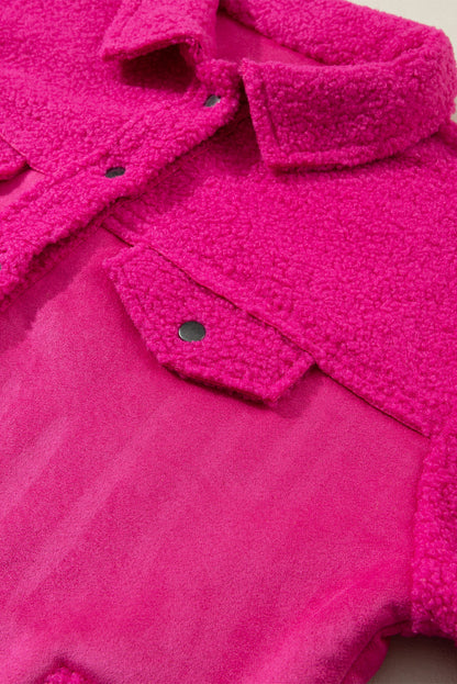 Bright Pink Faux Suede Sherpa Patchwork Button-up Shacket