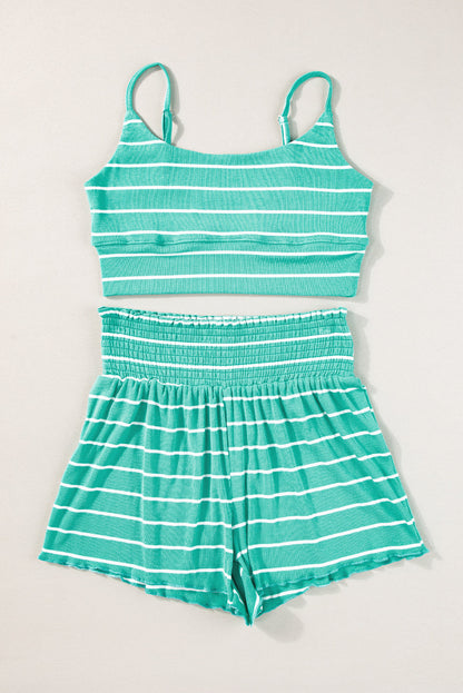 Green Stripe U Neck Crop Cami Top and Shorts Outfit