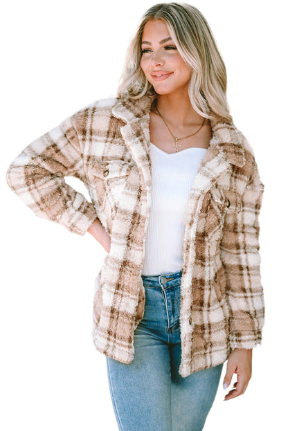 Khaki Sherpa Plaid Button Pocketed Jacket