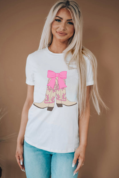 White Western Boots Bow Print Round Neck T Shirt