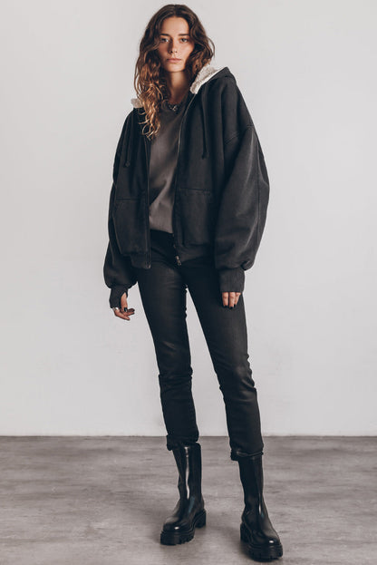 Black Sherpa Hooded Thumbhole Sleeve Zip Up Jacket