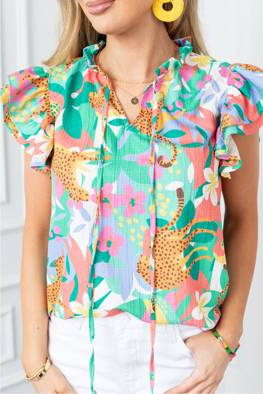 Green Frilly Ruffle Tie Split Neck Summer Floral Blouse