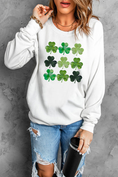 White St. Patrick's Day Clover Print Long Sleeve Sweatshirt