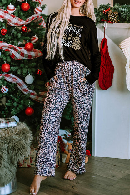 Leopard Christmas Print Two Piece Lounge Set