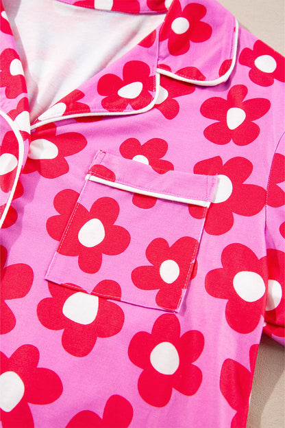 Pink Flower Print Long Sleeve Shirt Shorts Pajamas Set