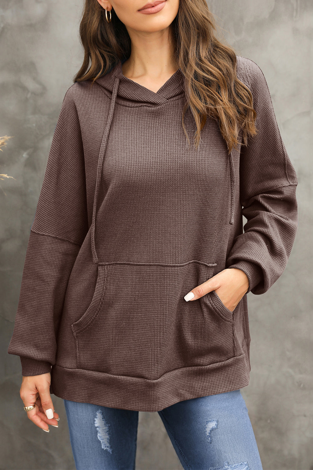 Coffee Waffle Knit Fleece Lined High Low Oversized Hoodie