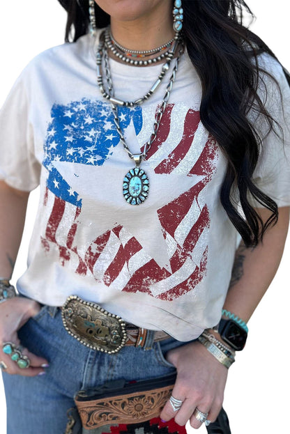 White American Flag Star Graphic Crew Neck T Shirt