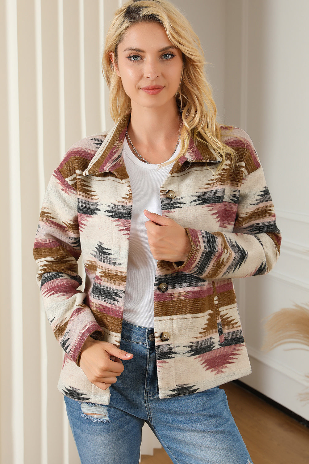 Multicolor Aztec Print Button Up Long Sleeve Jacket