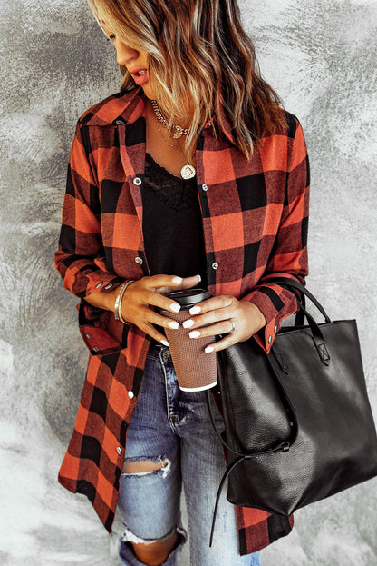 Fiery Red Turn-down Collar Plaid Shirt Coat