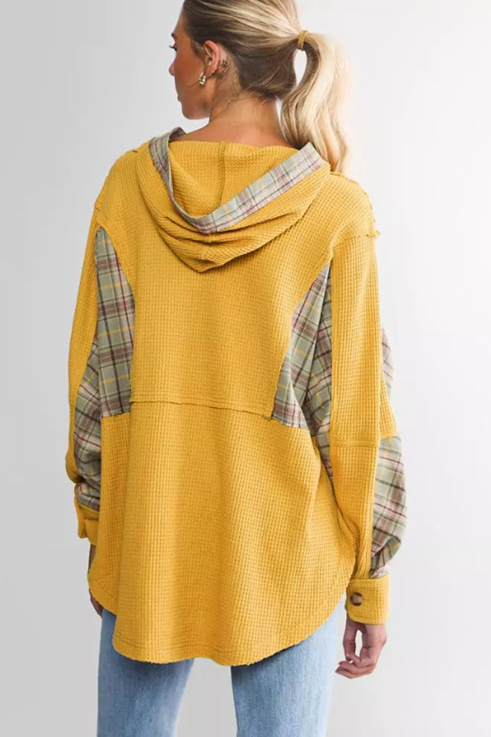 Yellow Waffle Knit Plaid Patchwork Pocketed Henley Hoodie