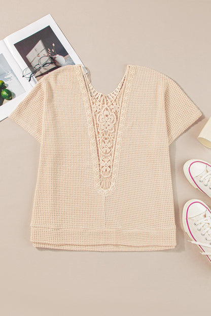 Beige Guipure Lace Insert Textured Plus Size Tee