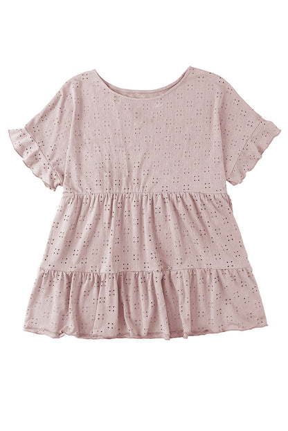 Pink Plus Size Eyelet Pattern Ruffle Sleeve Babydoll Top