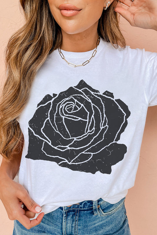 White Large Rose Print Round Neck T Shirt