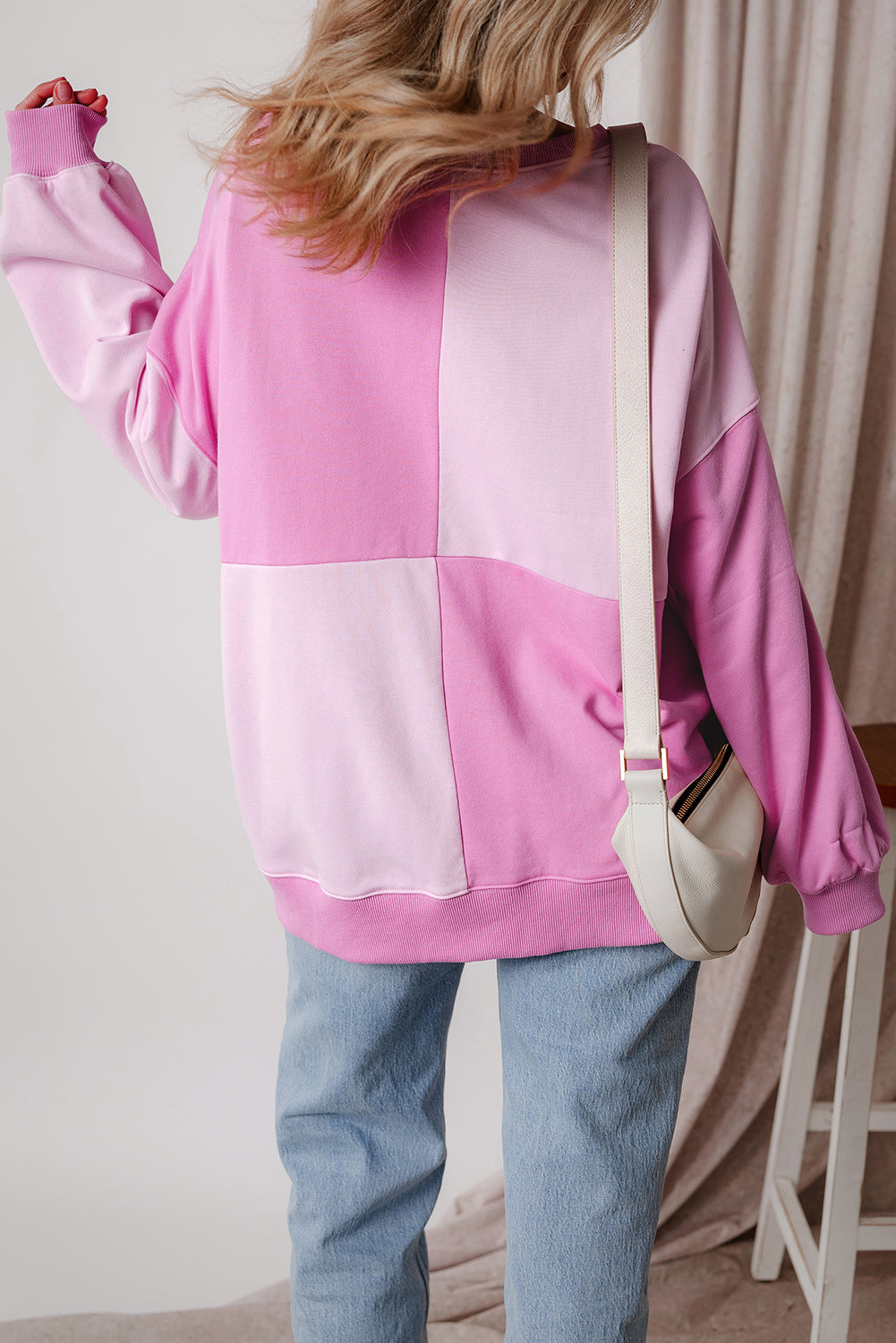 Pink Colorblock Henley High Low Oversize Sweatshirt