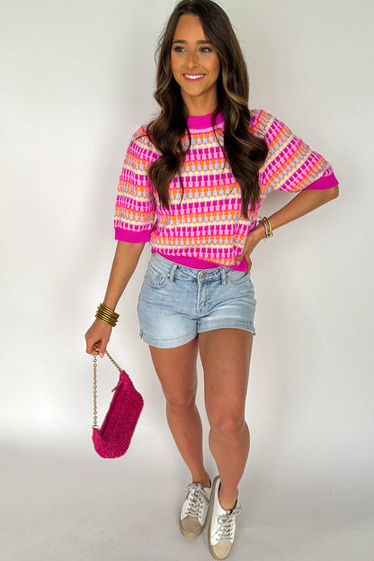 Red Striped Knitted Short Sleeve Sweater Top