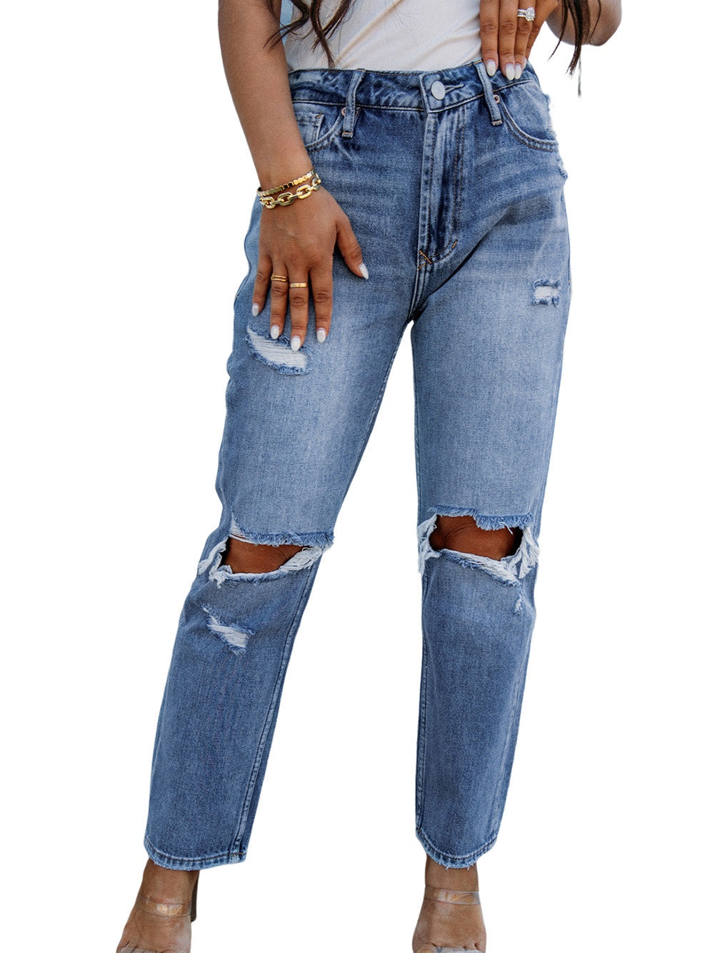 High Waist Ripped Raw Edge Comfort Loose Pants