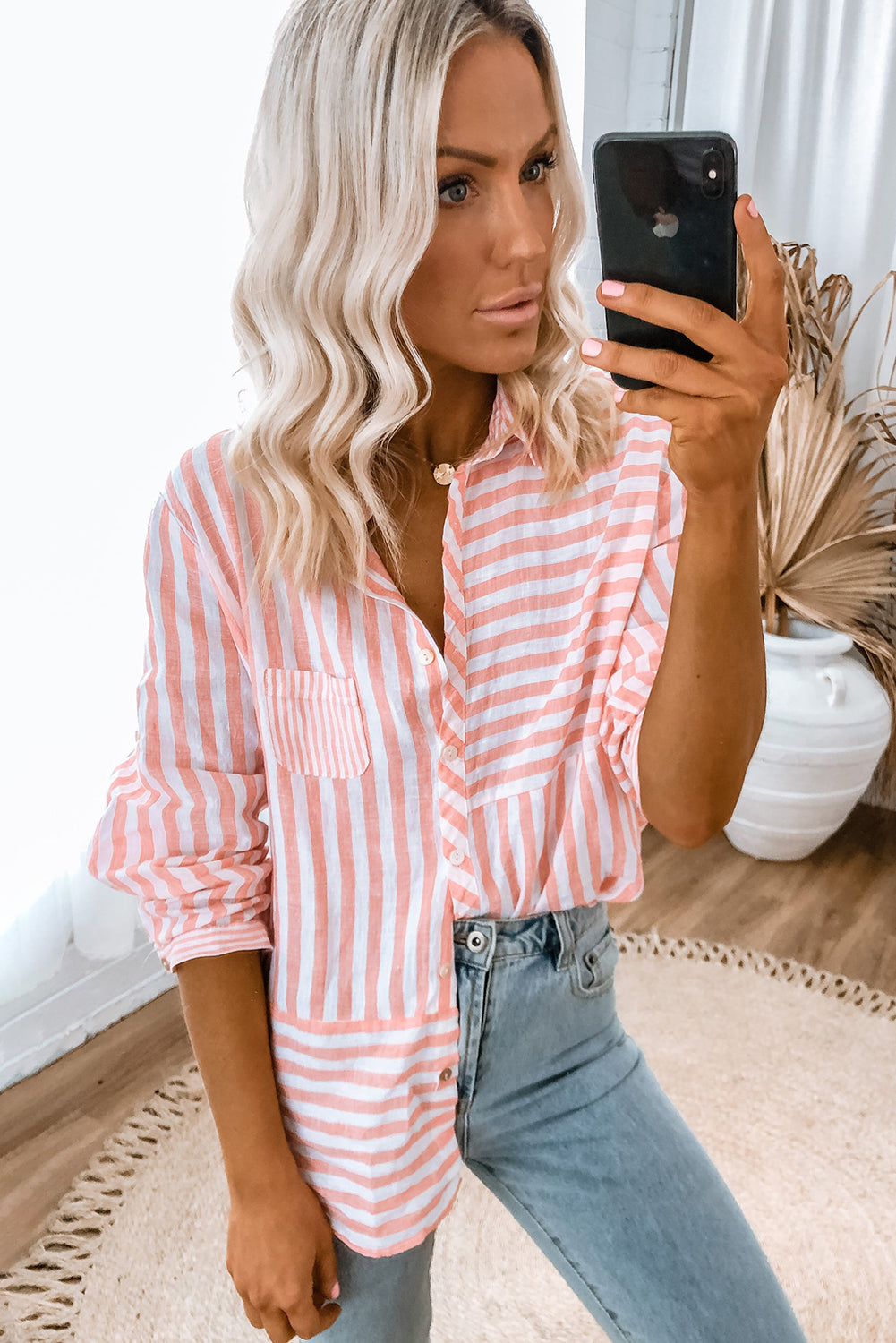 Pink Stripe Buttoned Long Sleeve Casual Shirt