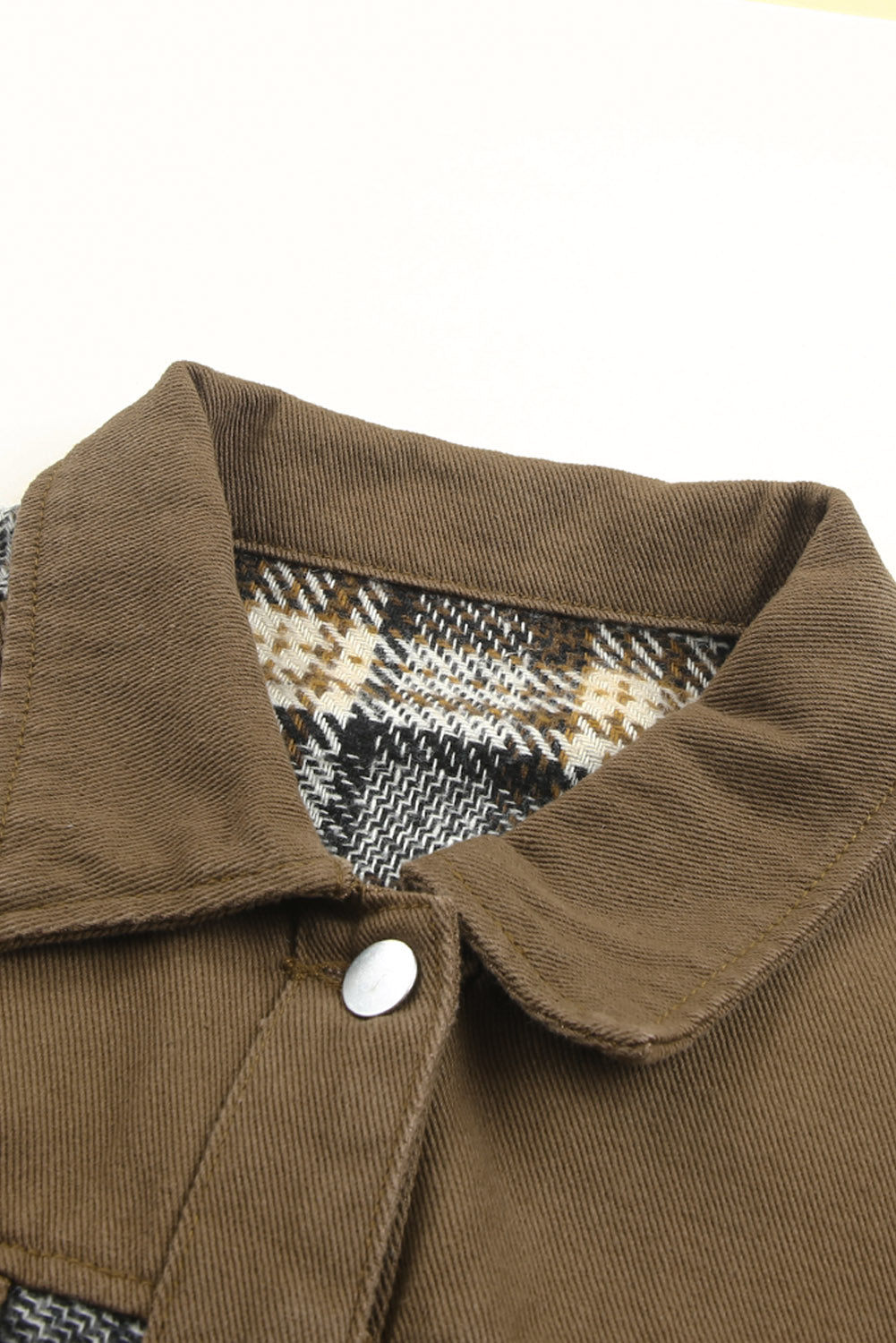 Brown Plaid Patchwork Pockets Denim Jacket