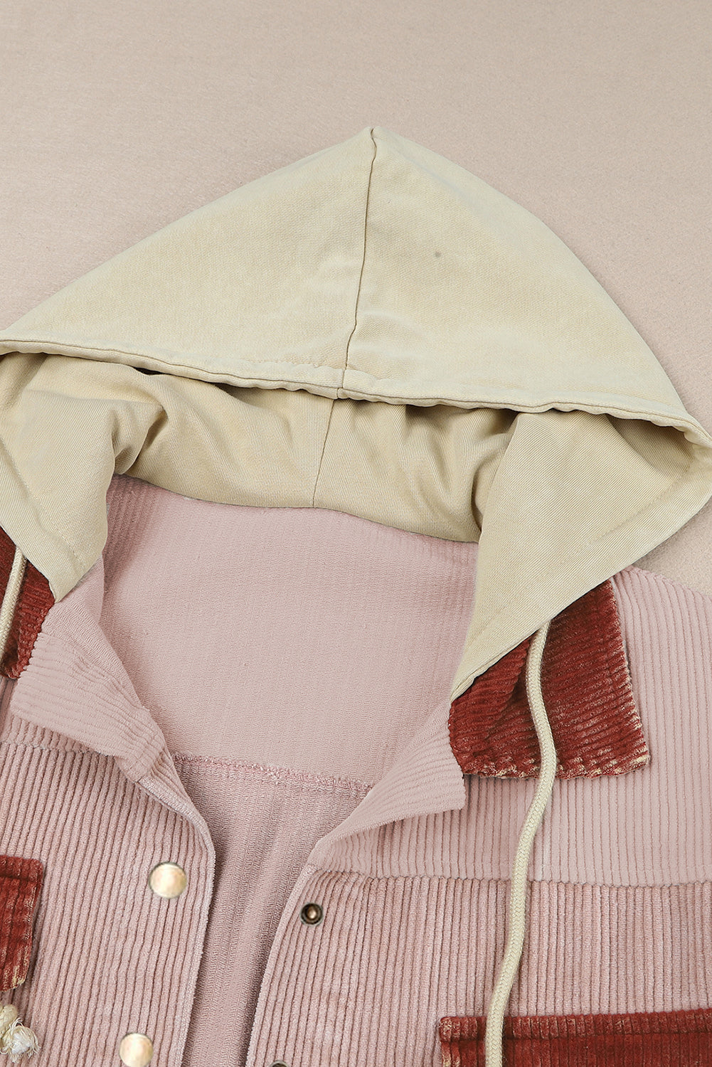 Color Block Button Down Hooded Corduroy Jacket