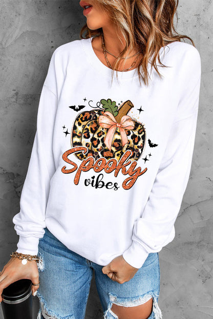 Beige Spooky Leopard Pumpkin Print Crew Neck Sweatshirt