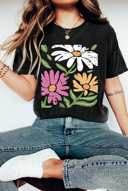 Black Retro Floral Print Crew Neck Casual T Shirt