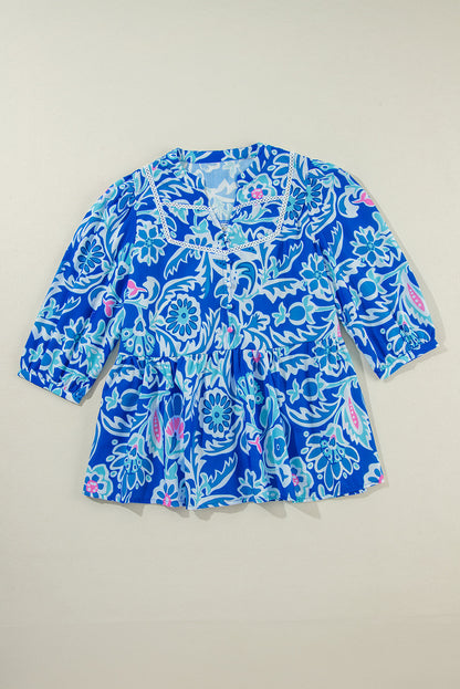 Blue Mix Floral Printed Lace Detail Bracelet Sleeve Blouse