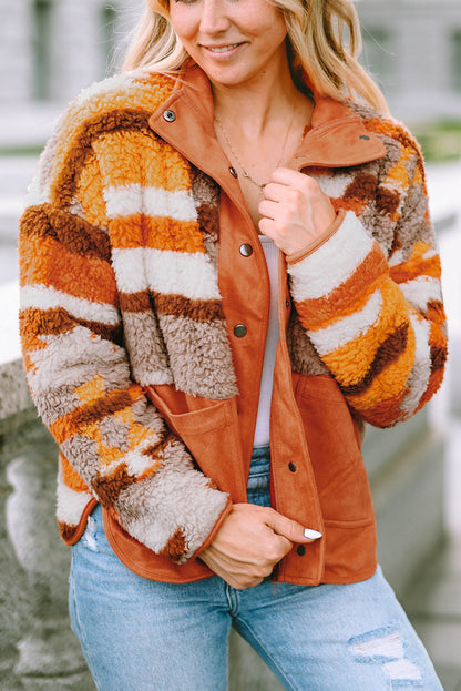 Brown Quilted Patch Pockets Aztec Furry Jacket